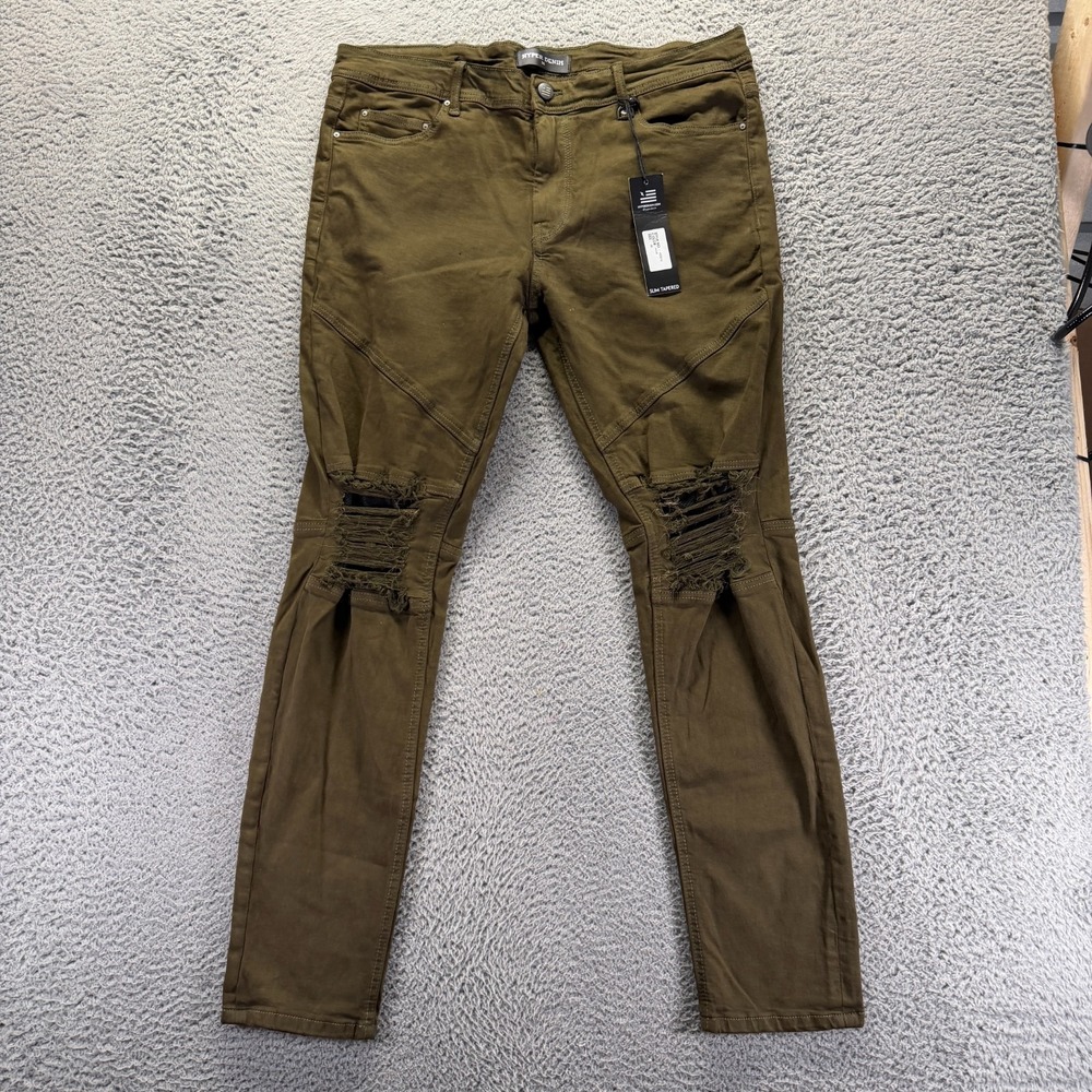 Hyper Denim Jeans Mens 36x32 Green Cotton‎ Tapered Leg Slim Stretch Distressed